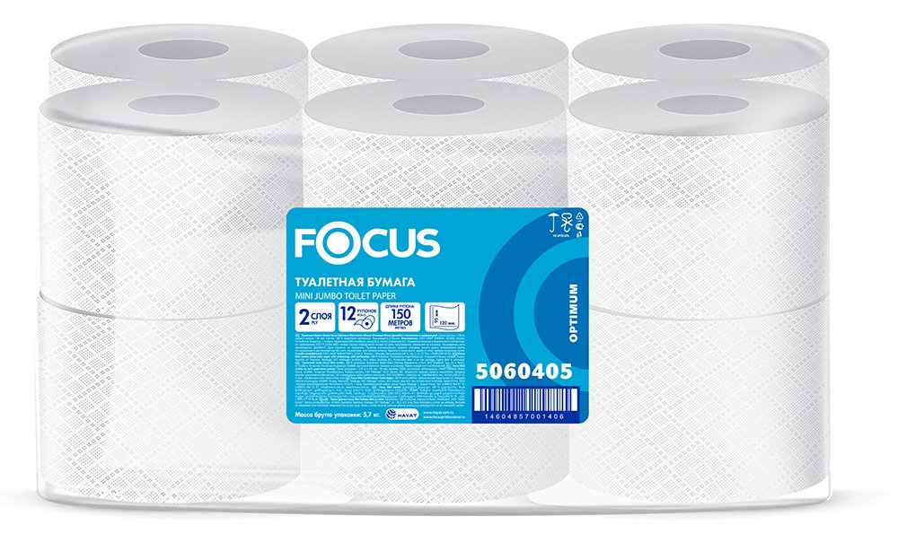 Туалетная бумага двухслойная белая Focus Jumbo, длина 150 м, 12 рул/уп