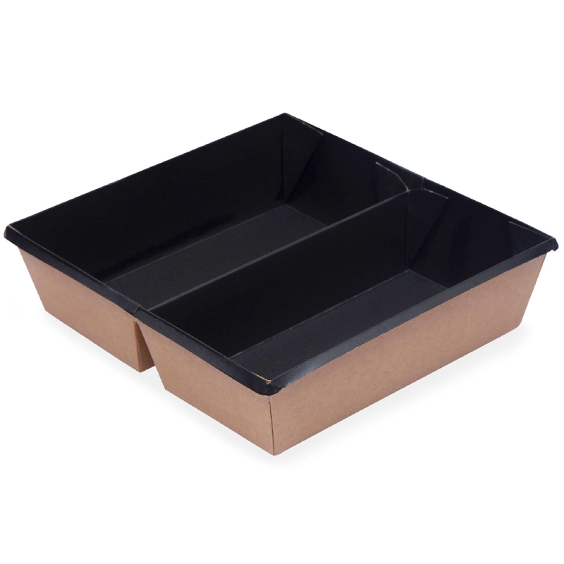 Контейнер двухсекционный бумажный с крышкой One Click 1200мл, 190х200х55 мм, чёрный